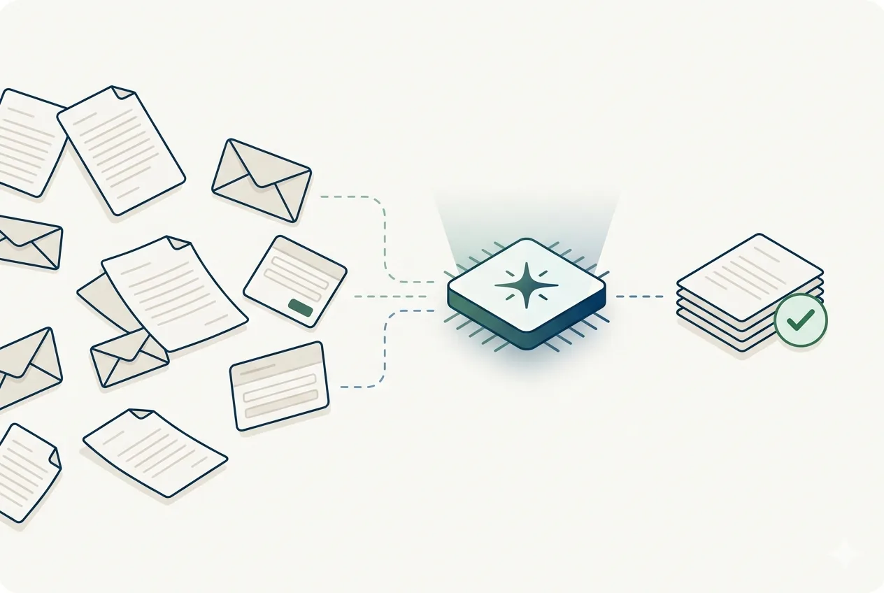 Documenten, e-mails en formulieren stromen via een AI-kern naar één gecontroleerd resultaat